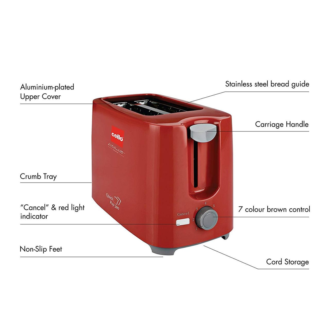 Cello Quick 2 Slice Pop Up 300 Toaster (Red) 700 Watts