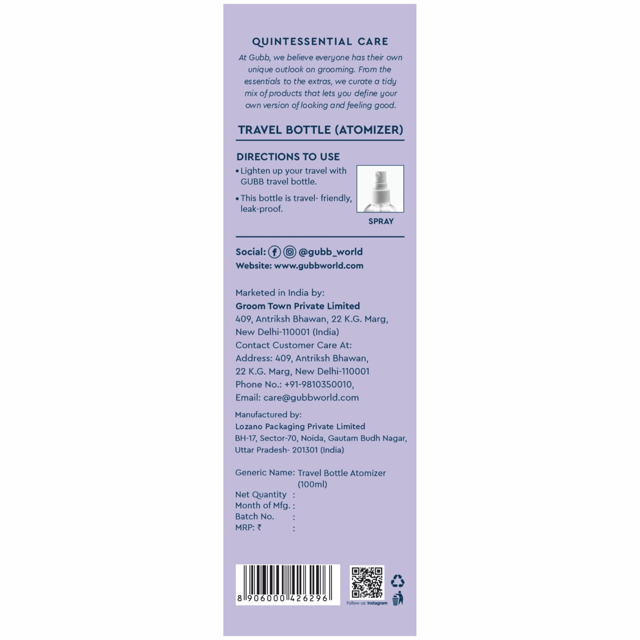 GUBB Travel Atomiser / Spray Bottle