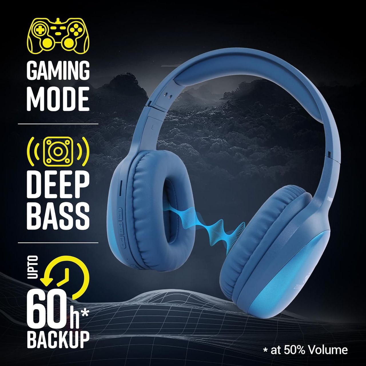 Zebronics Thunder Pro BT Headphone, Gaming Mode, ENC, Call Function, Aux, mSD, 60h (Blue)