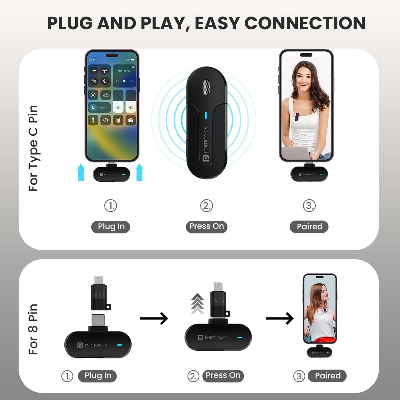 Portronics Vlogmate 2 Dual Microphone with Charging Case, Type C & 8 Pin Receiver(Black)