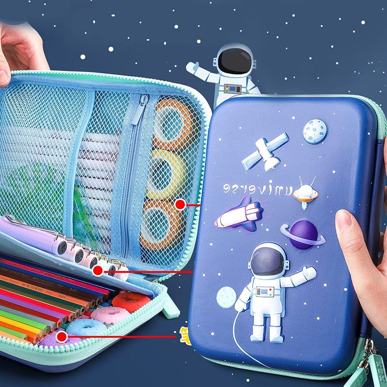 Toyshine Astronaut Space 3D EVA Hardtop Pencil Case with Compartments | Large Capacity | Blue