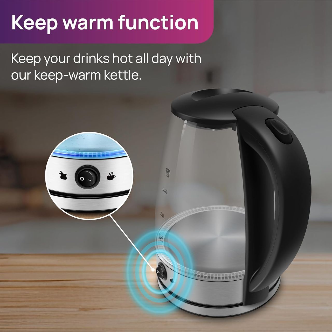 Wipro Elato 1.8 Litre Glass Led Electric Kettle With Keep Warm Function,1500 Watts