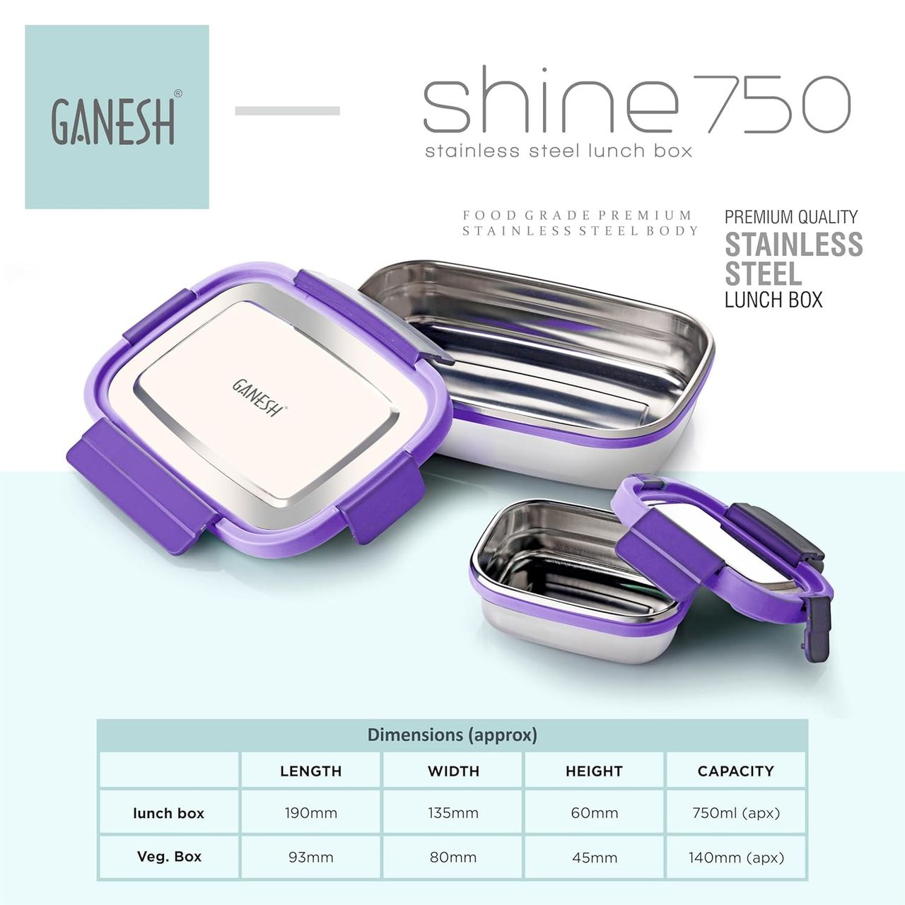 Ganesh Shine Stainless Steel Airtight Leak-Proof Lunch Box Color May Vary - 750 ml (Colour May Vary)