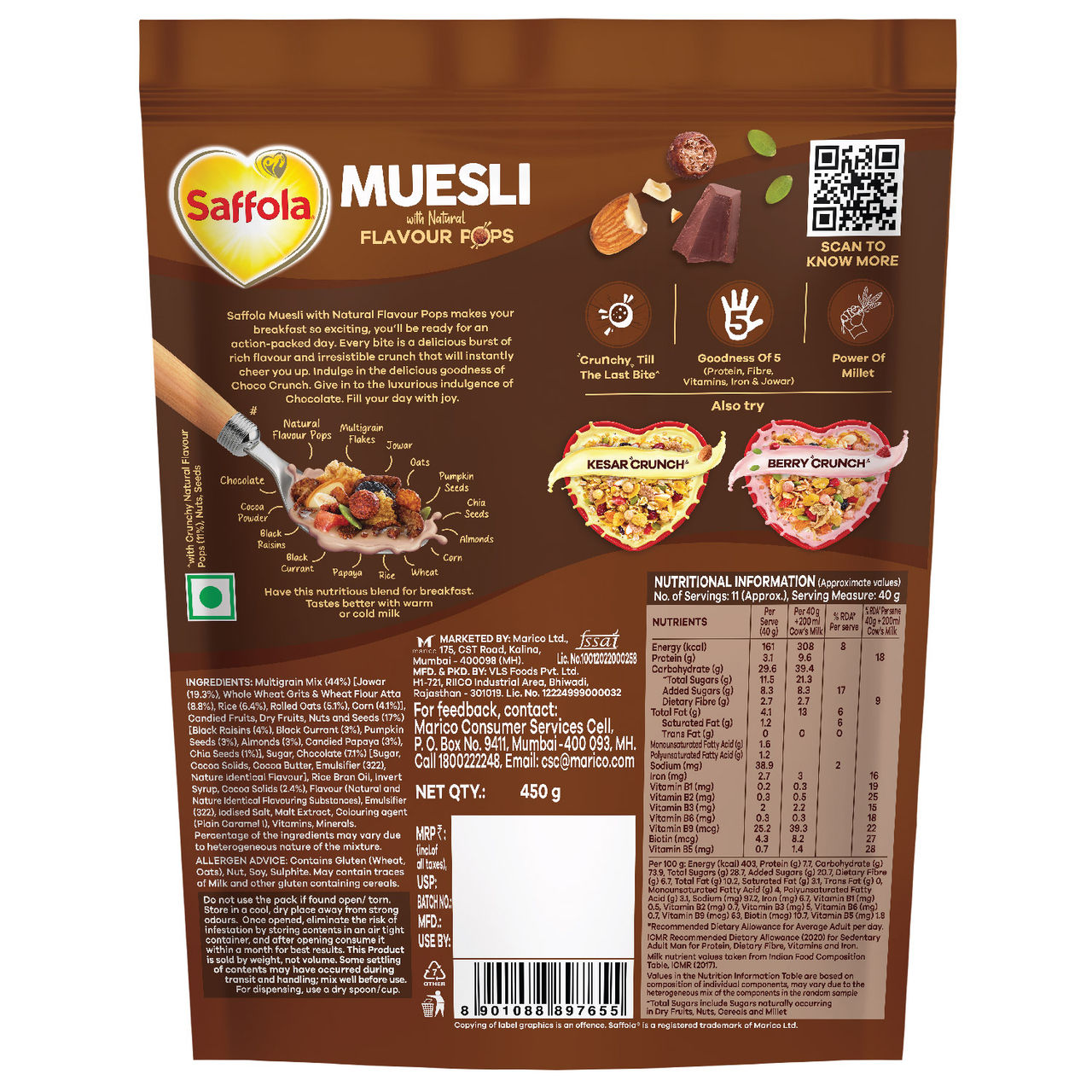 Saffola Muesli Choco Crunch With Flavour Pops, Fruits, Nuts, Seeds, Millets (15 In 1)