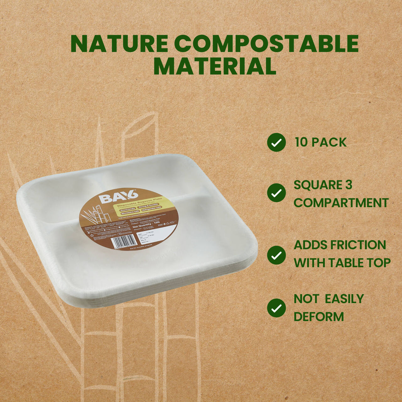 BAY6 Square Plate 3 Compartment - 9 Inch - Pack Of 10