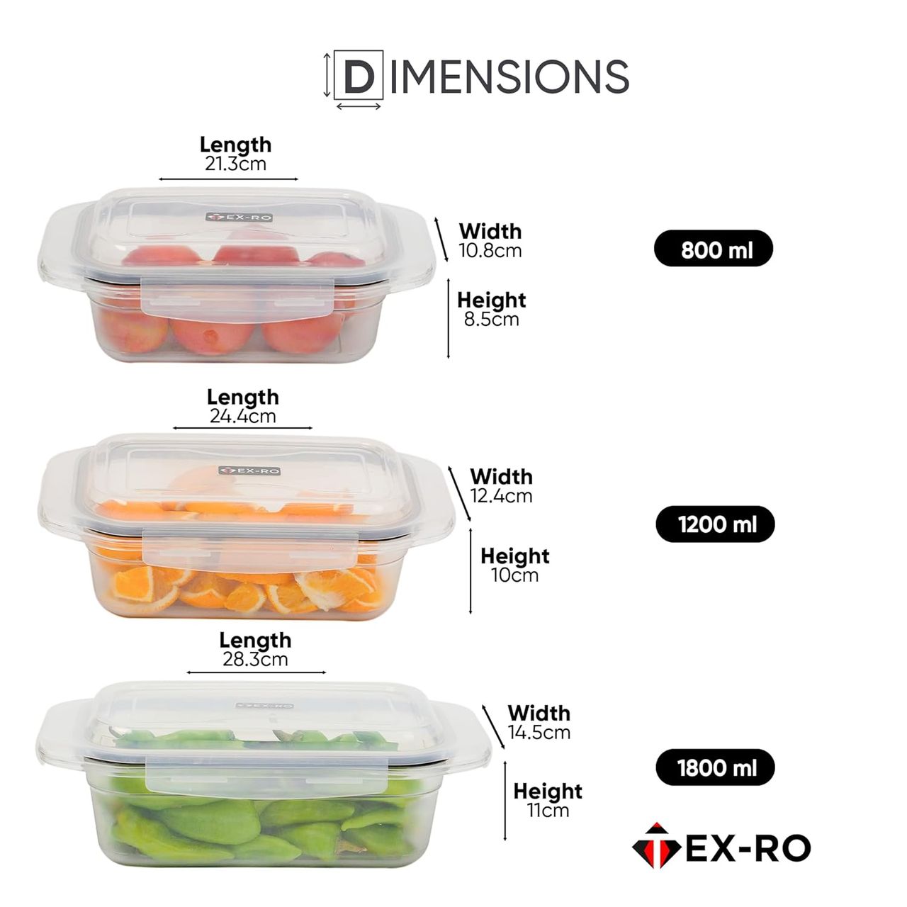 Tex-Ro Matte Finish Plastic Fridge Container for Storage | 800 ml-1200 ml-1800 ml | Pack of 6