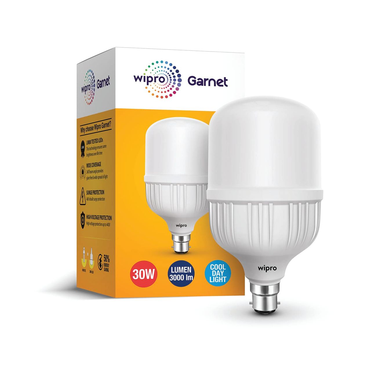 Wipro Garnet 30W High Wattage LED Bulb | Cool Day White (6500K) | B22 Base Holder