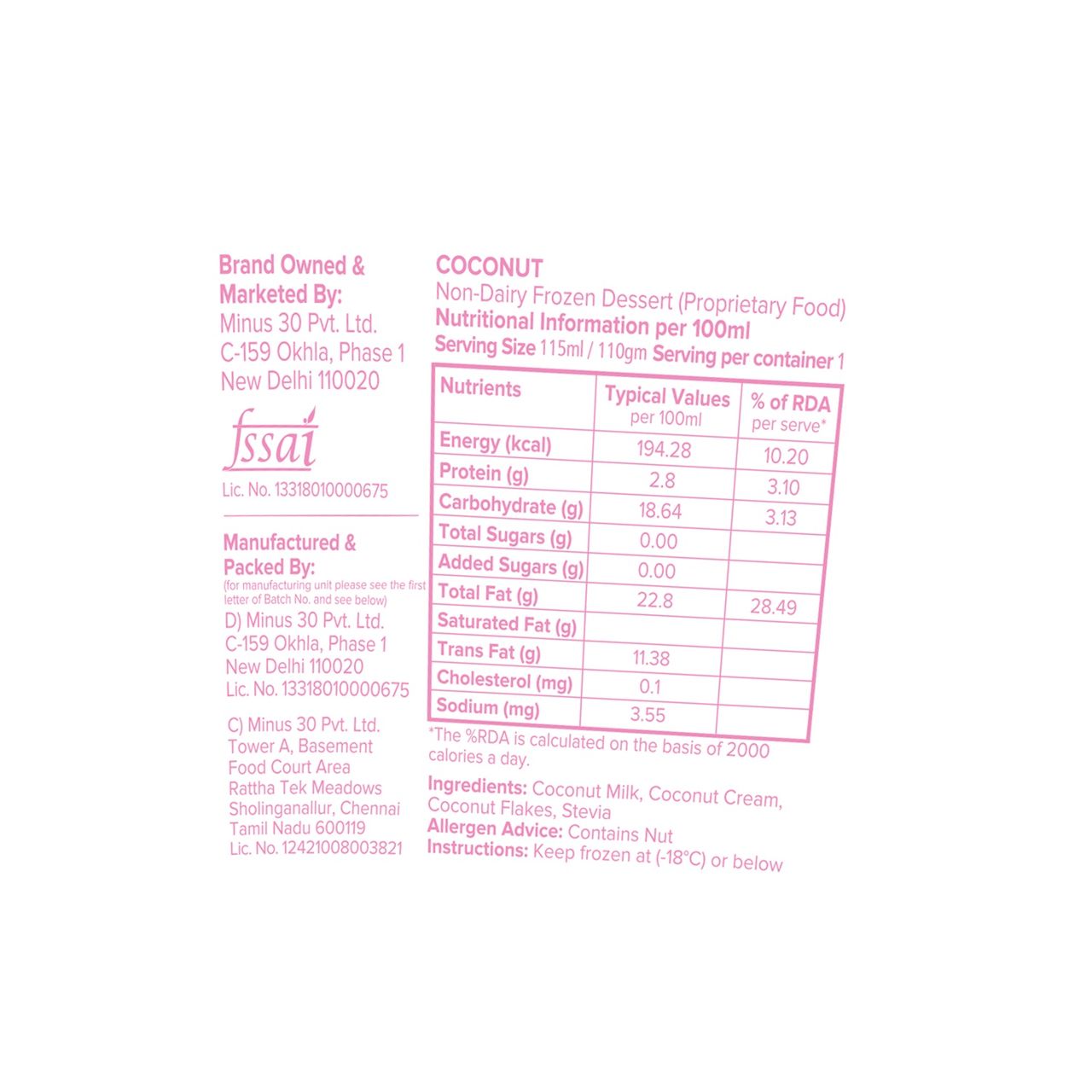 Minus 30 Coconut Vegan & Sugar Free