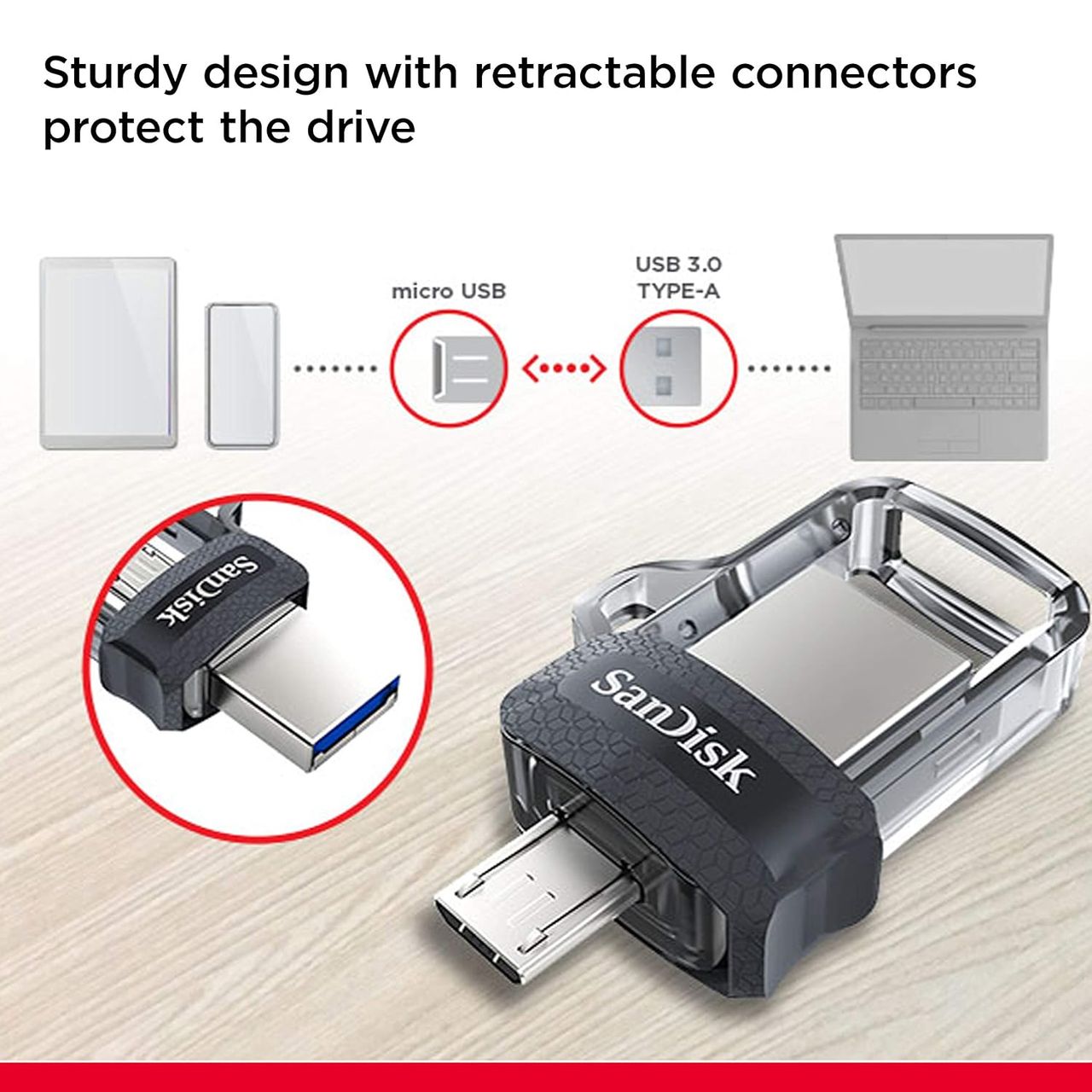 Sandisk Ultra Dual Drive M3.0, Sddd3 64Gb, Usb3.0, Black, Usb3.0/Micro-Usb Connector