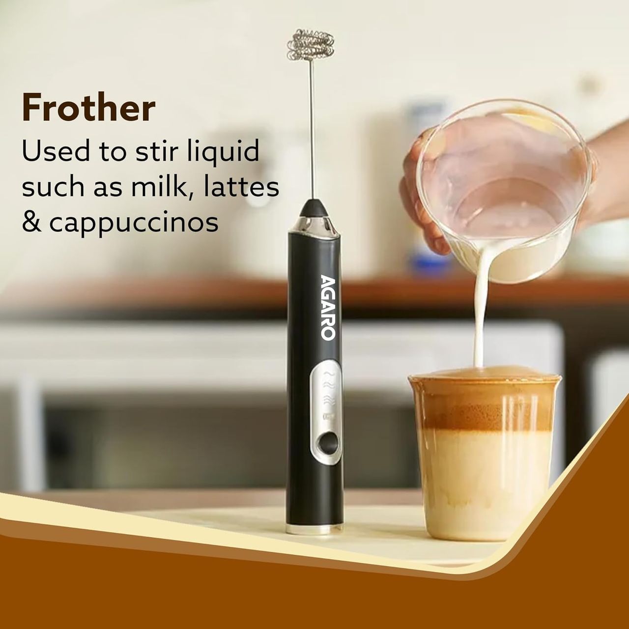 AGARO Royal Milk Frother | 3-Speed | With Whisk | Stand-up Design | Rechargeable | Stainless Steel - Black