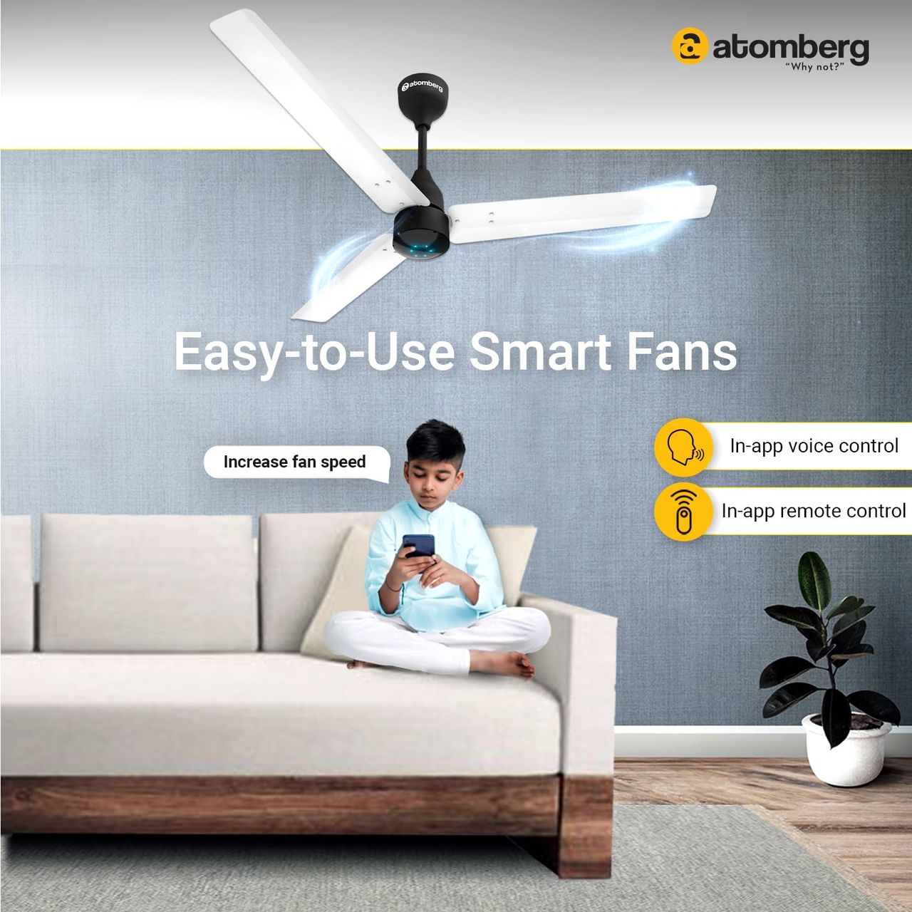 Atomberg Renesa Smart BLDC Ceiling Fan, 1200mm, with IoT & Remote, LED Indicators, White & Black
