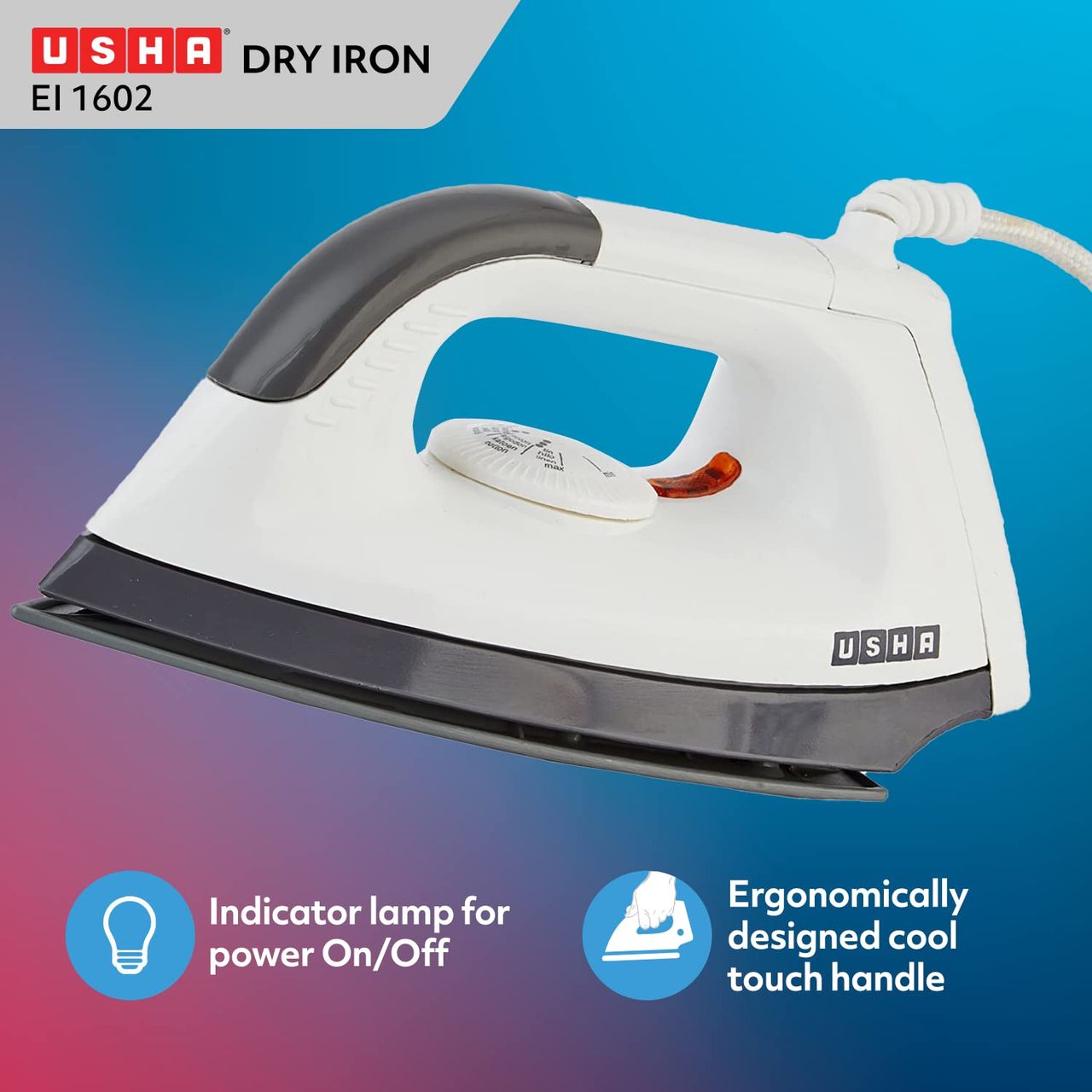 Usha Dry Iron 1602 (1000W, Non-Stick Ptfe Coated Soleplate With 180� Swivel Cord, Grey)