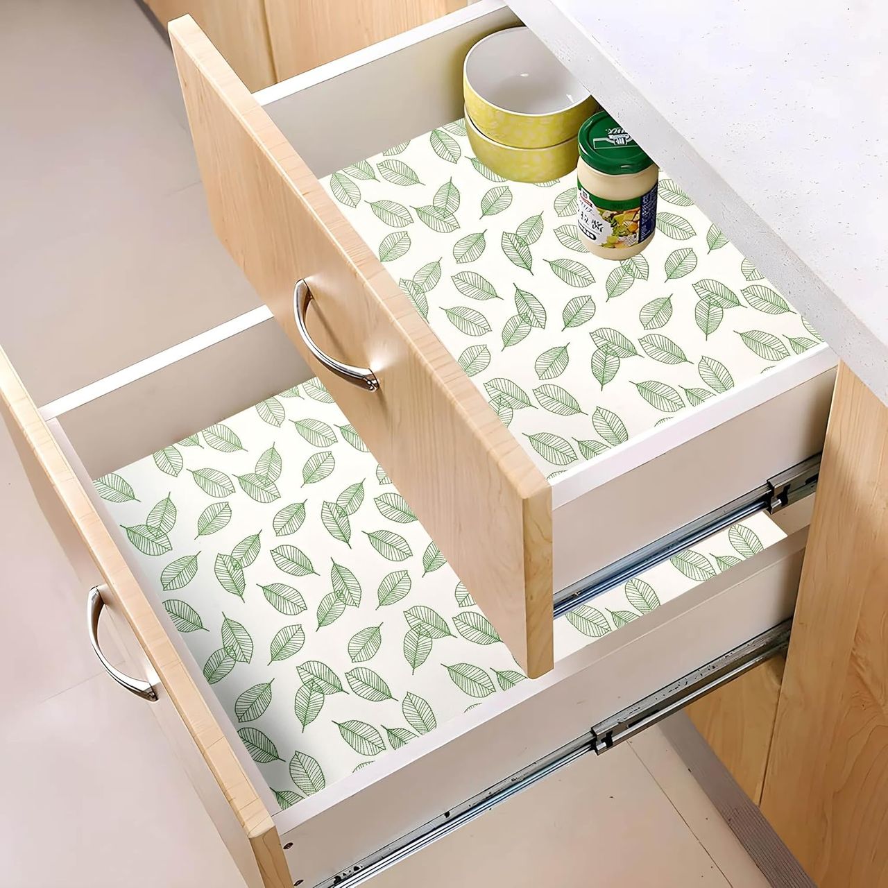 Kuber Industries Shelf Liner | Fridge Mat | Table Mat | Green Leaf Print 3m Wardrobe Mat | White