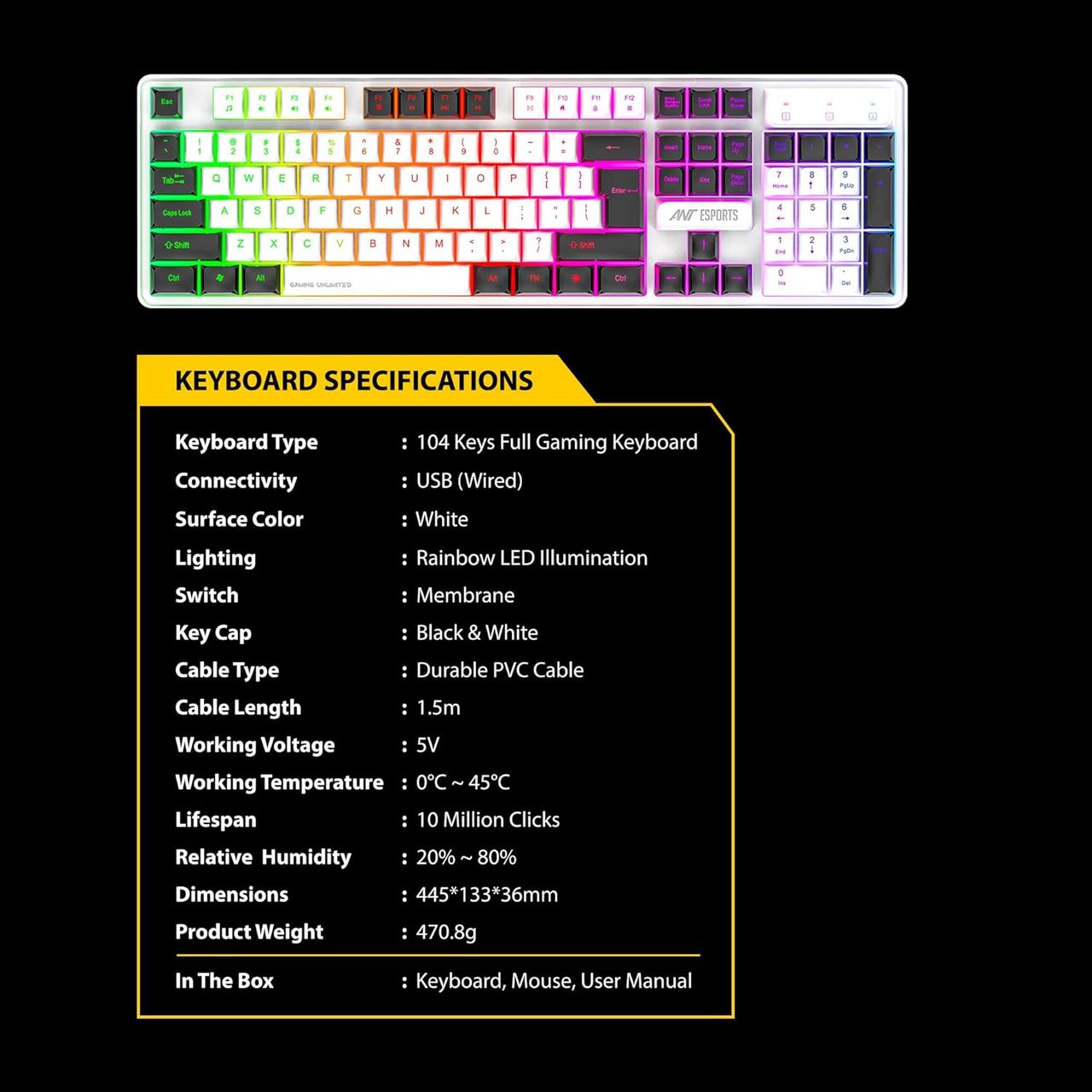 Ant Esports Km1610 Led Keyboard And Mouse Combo,104 Keys Rainbow Backlit,7 Colour Rgb Mouse, White