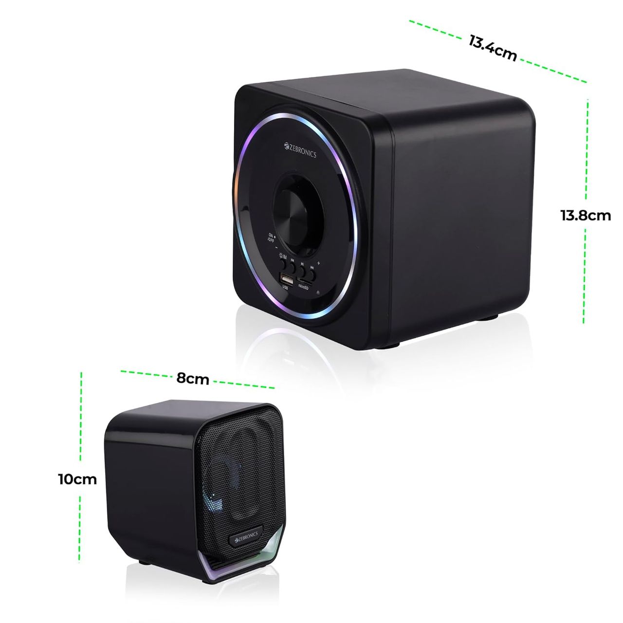 Zebronics Pluto 2, 2.1 Channel Speaker, 15W Output, BT 5.0, USB, mSD, FM, 3.5mm Jack Input, RGB