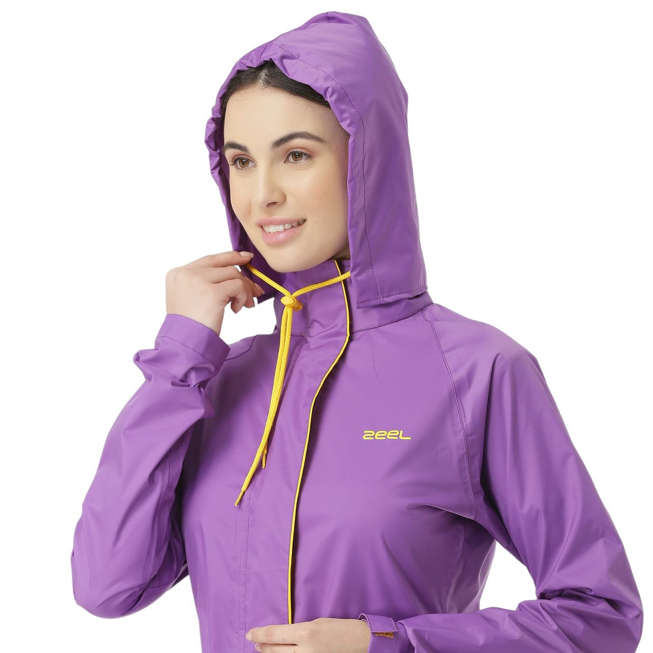 ZEEL Rain Coat for Women High Neck Polyester Rainwear with Hooded Long Raincoat, Purple XL
