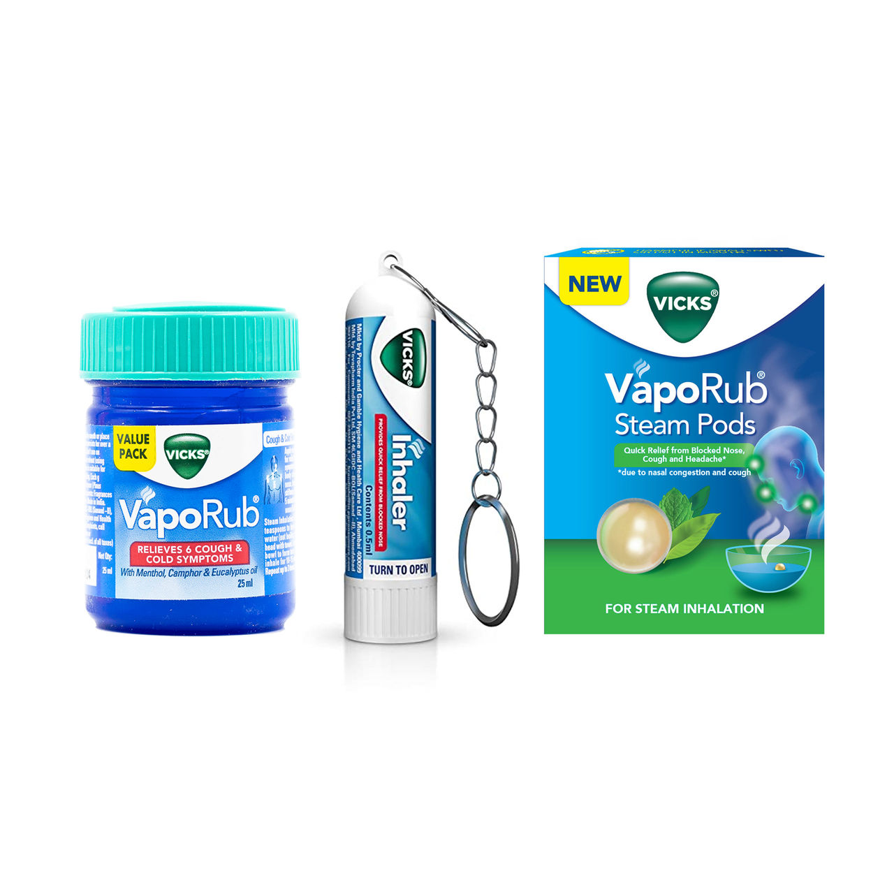 Vicks Vaporub(25ml), Vicks Inhaler (0.5ml) & Vicks Steam Pods(4pc) Combo
