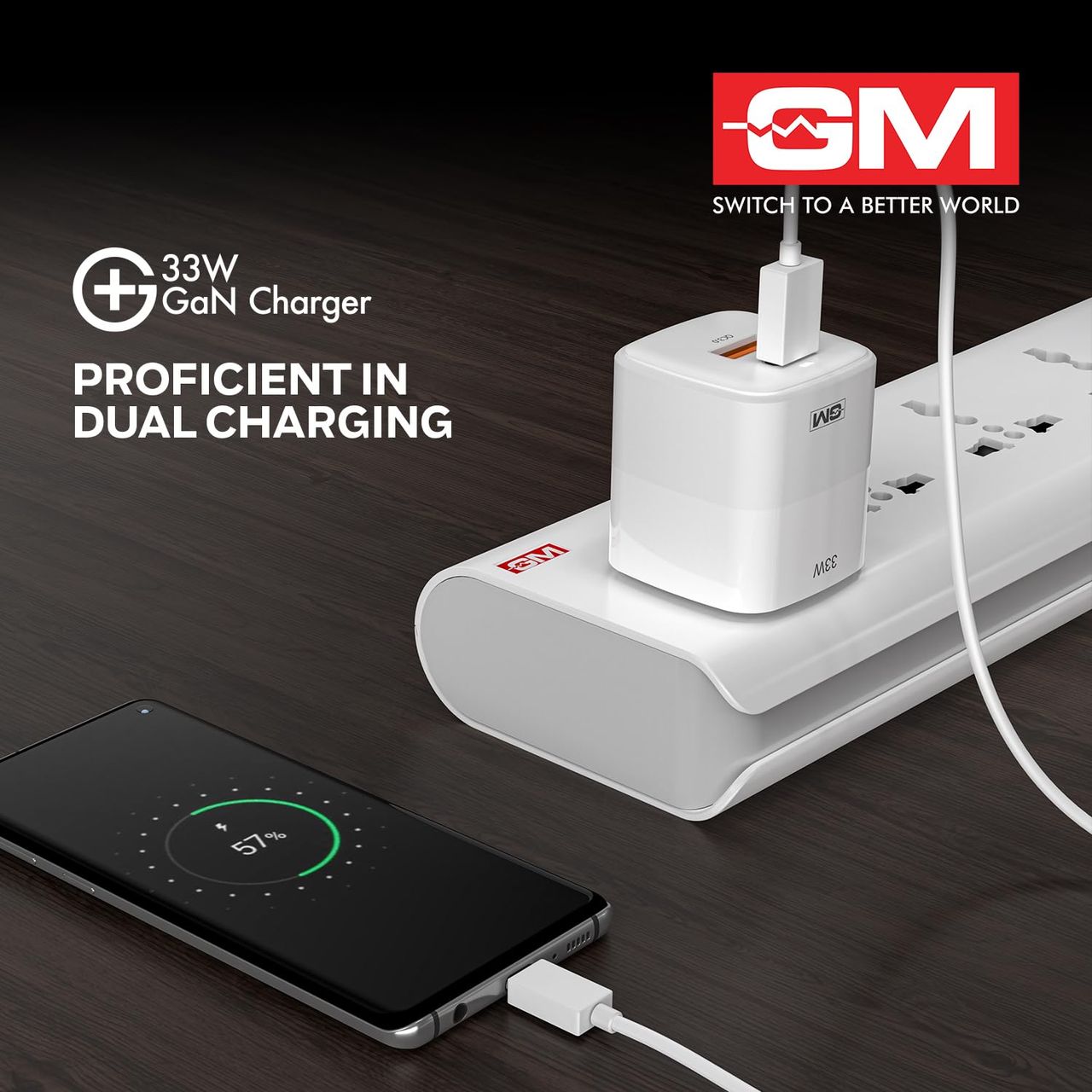 Gm G+ 33W Wall Charger, Gan Technology, Over Heat Protection, Qc Dual Port, 3.0 Type C & A Port