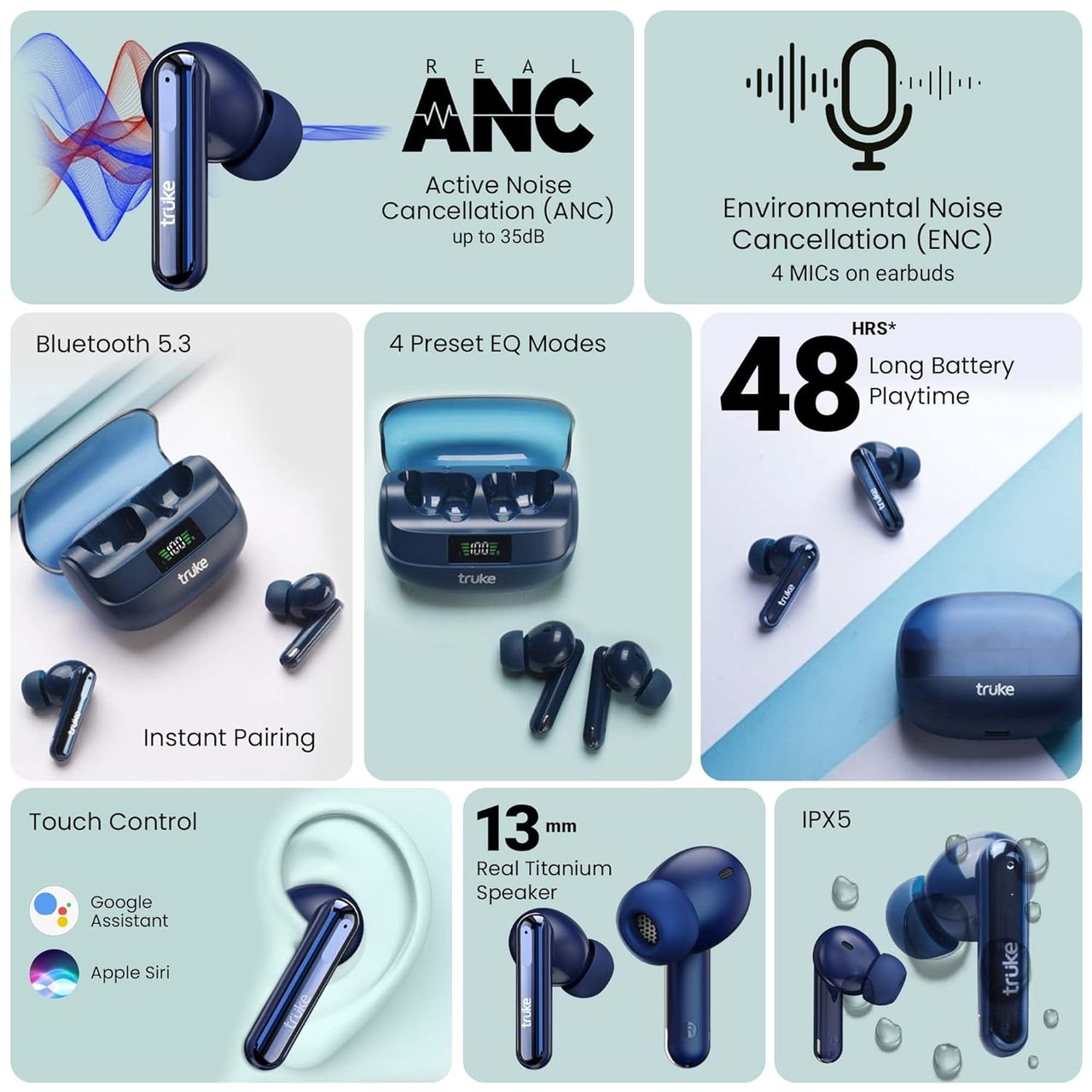 Truke Buds Vibe with 35dB ANC, 4Mic ENC, 13mm Driver 48H Battery, 40ms Latency (Blue,True Wireless)