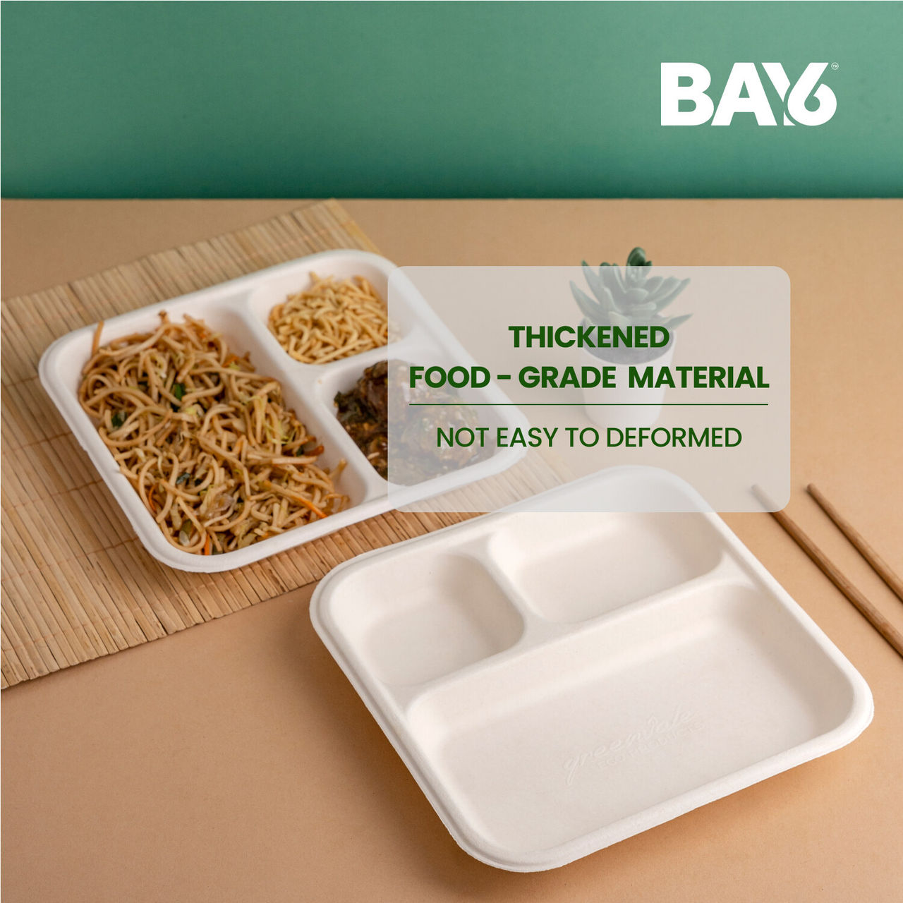 BAY6 Square Plate 3 Compartment - 9 Inch - Pack Of 10