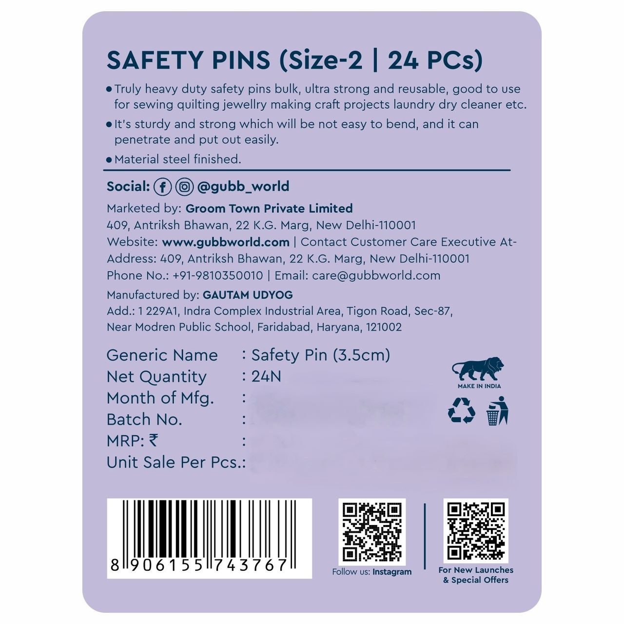 GUBB Safety Pin - Size 2 | Pack Of 24