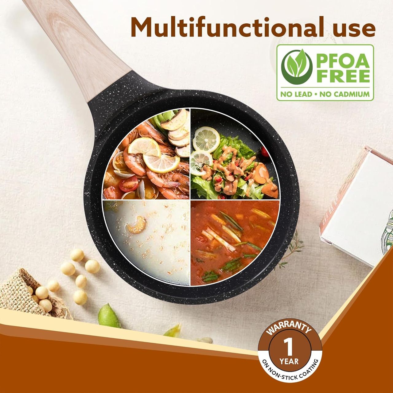 AGARO Imperial Granite Non stick Sauce pan with Glass Lid, 1.5L / 16cm