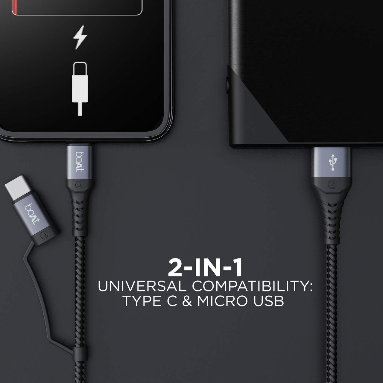 boAt 2 in 1 Type-C & Micro USB Stress Resistant, Sturdy Cable - Deuce USB 330 (Mercurial Black)