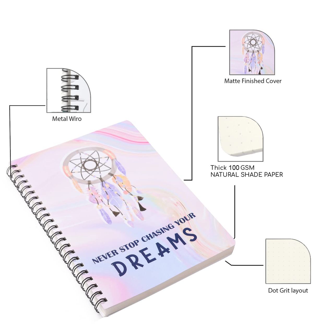 Papboo Dot Grid Spiral Wiro Notebook , 120 Pages, 90 Gsm - Dreams