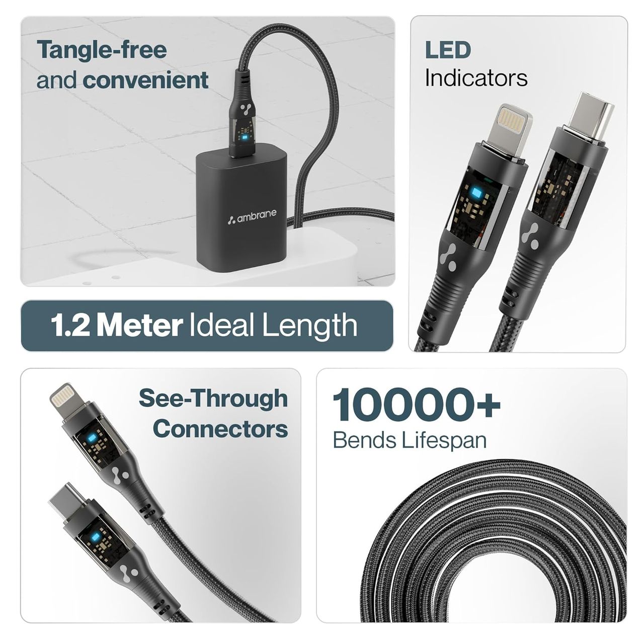 Ambrane ABTL-12T Type C to Lightning 1.2 mtr Cable - 10000+ Bend Lifecycle | PVC-Coated Connector