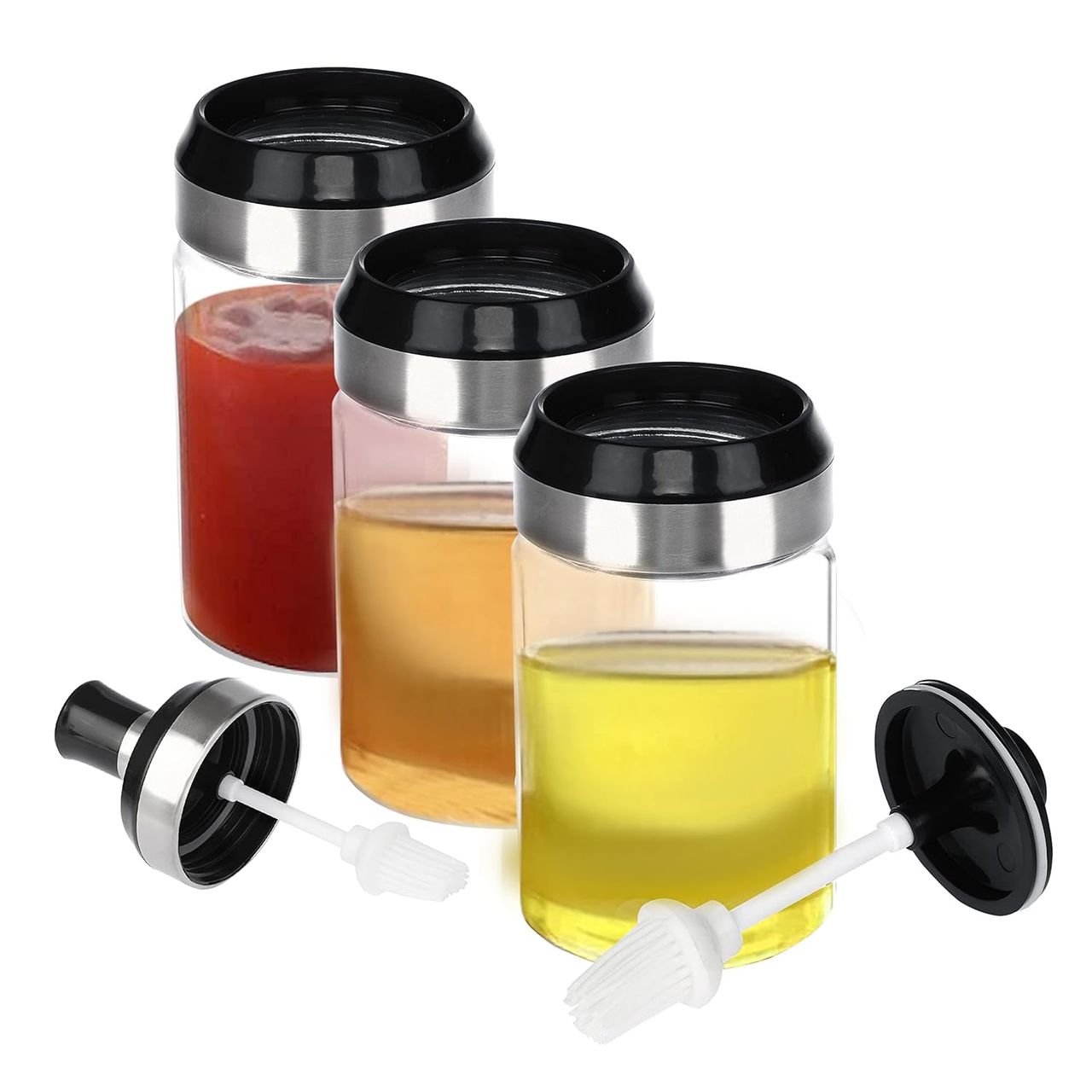 Cutting Edge 250 ml Glass Containers For Oil, Sauce, Honey, Ghee | Jar With Brush | Set of 3
