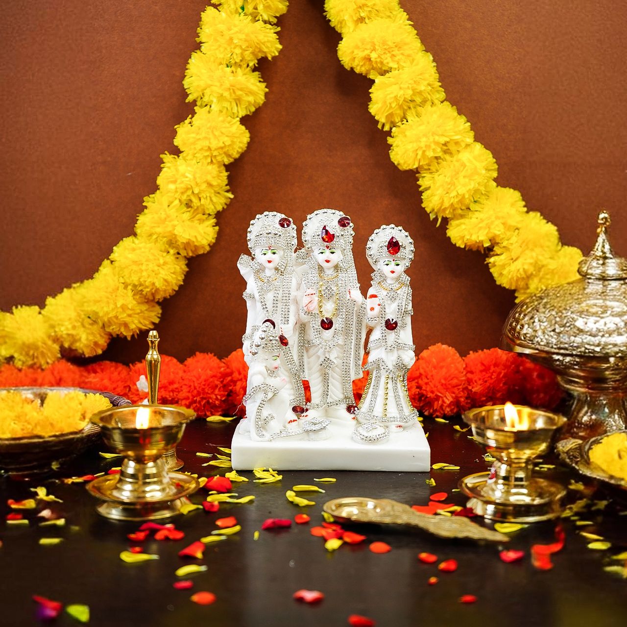 Ekhasa Marble Dust Ram Darbar Murti | 8 Inch | Gemstone Zircon Studded Ram Darbar Statue For Home