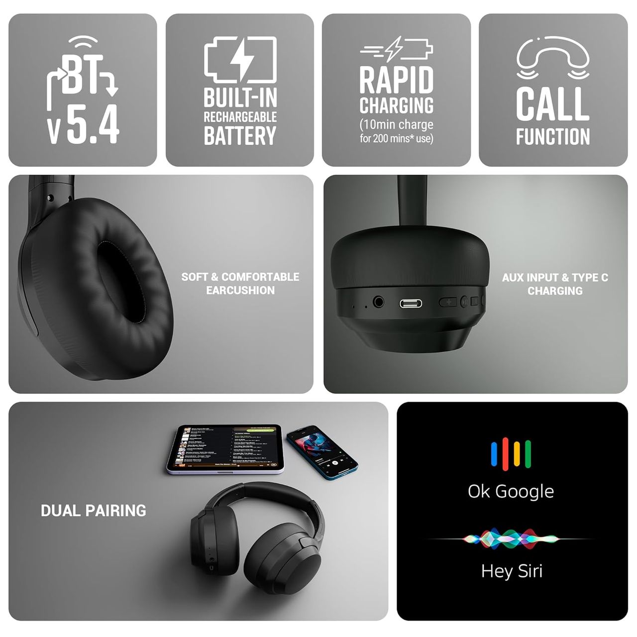 Zebronics Duke Plus BT Headphone, ANC, ENC, Gaming Mode, Dual Pairing, 70H, BT 5.4, AUX (Black)