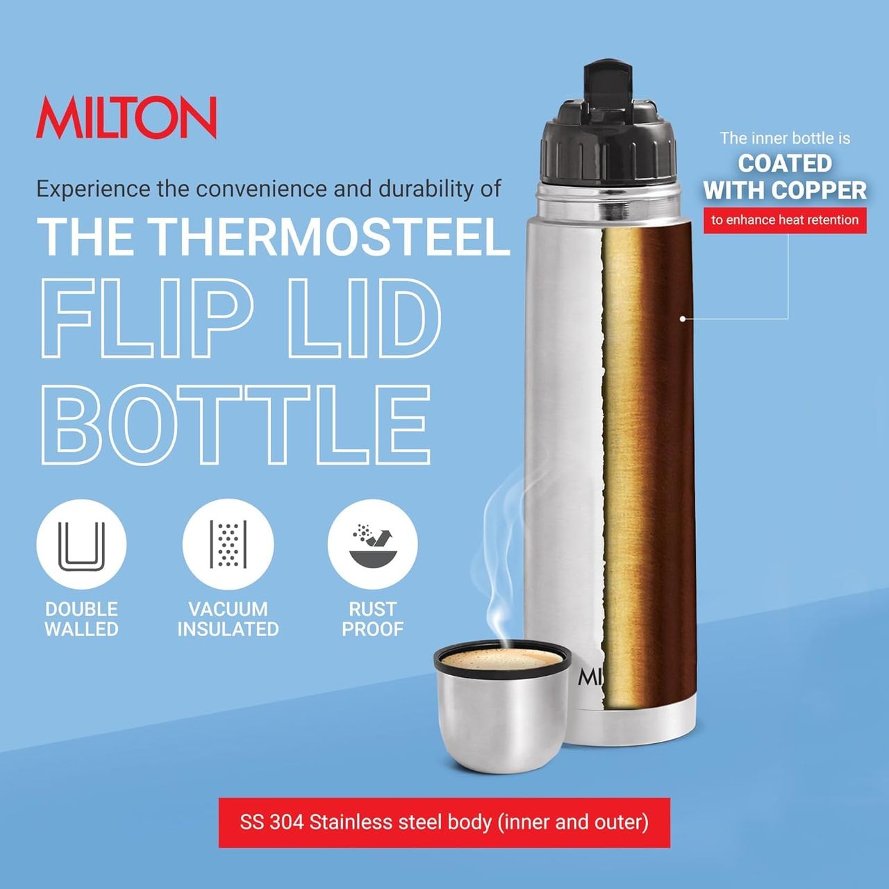 Milton Flip Lid Thermosteel Vacuum Insulated Flask With Jacket - 750 ml | 24 Hours Hot And Cold