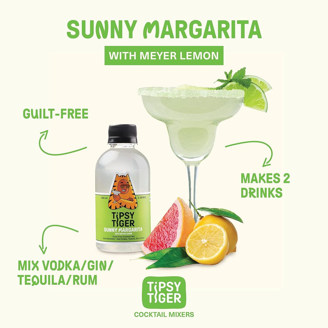 Tipsy Tiger - Orange & Kaffir Lime Mojito Cocktail Mixer(250ml), Tipsy Tiger Sunny Margarita With Meyer Lemon(250ml) & Tipsy Tiger Classic Mojito With Lemon & Mint(250ml) Combo