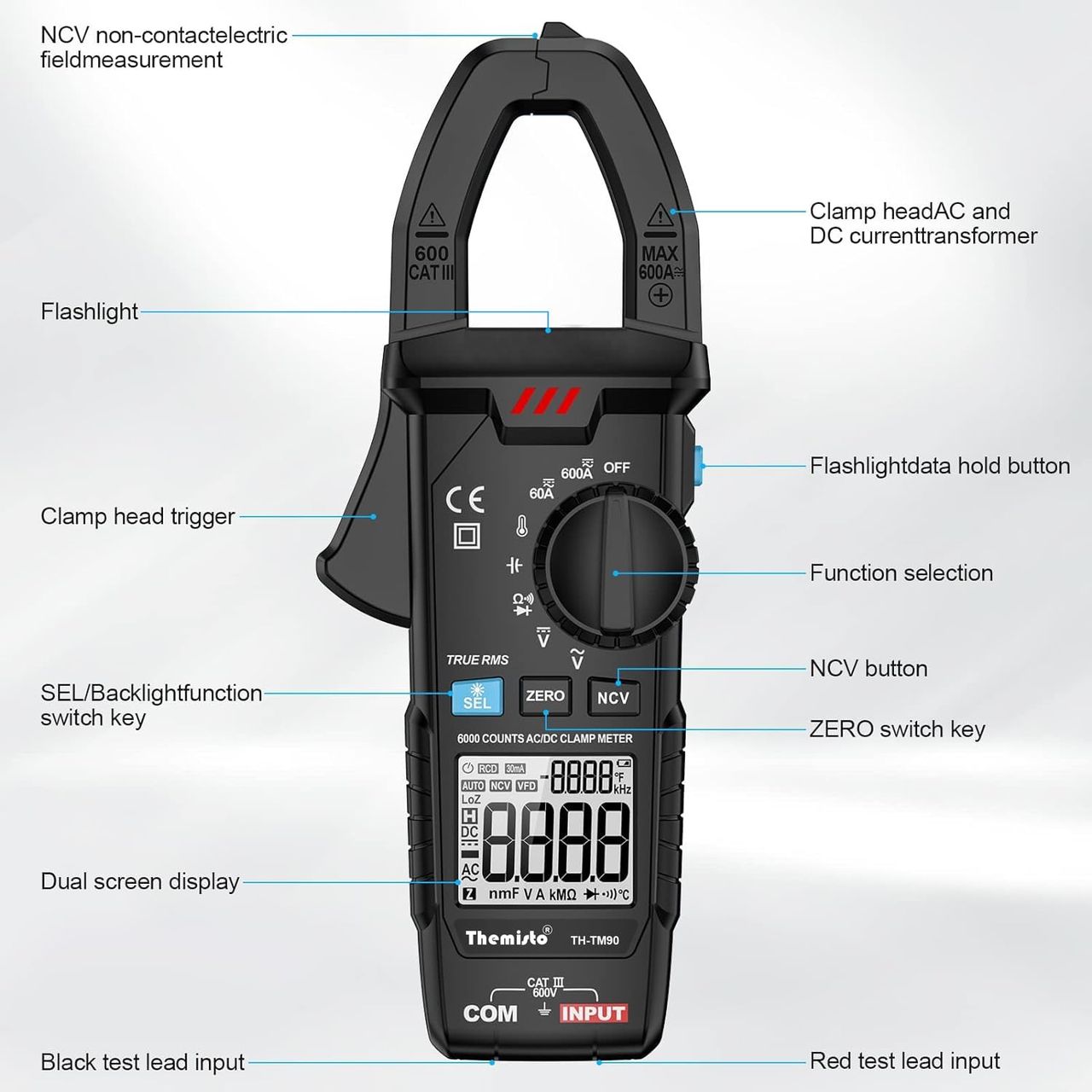 Themisto Th-M90 Auto Range, Ac/Dc Current, True Rms Digital Clamp Meter (600A,6000 Counts), Black