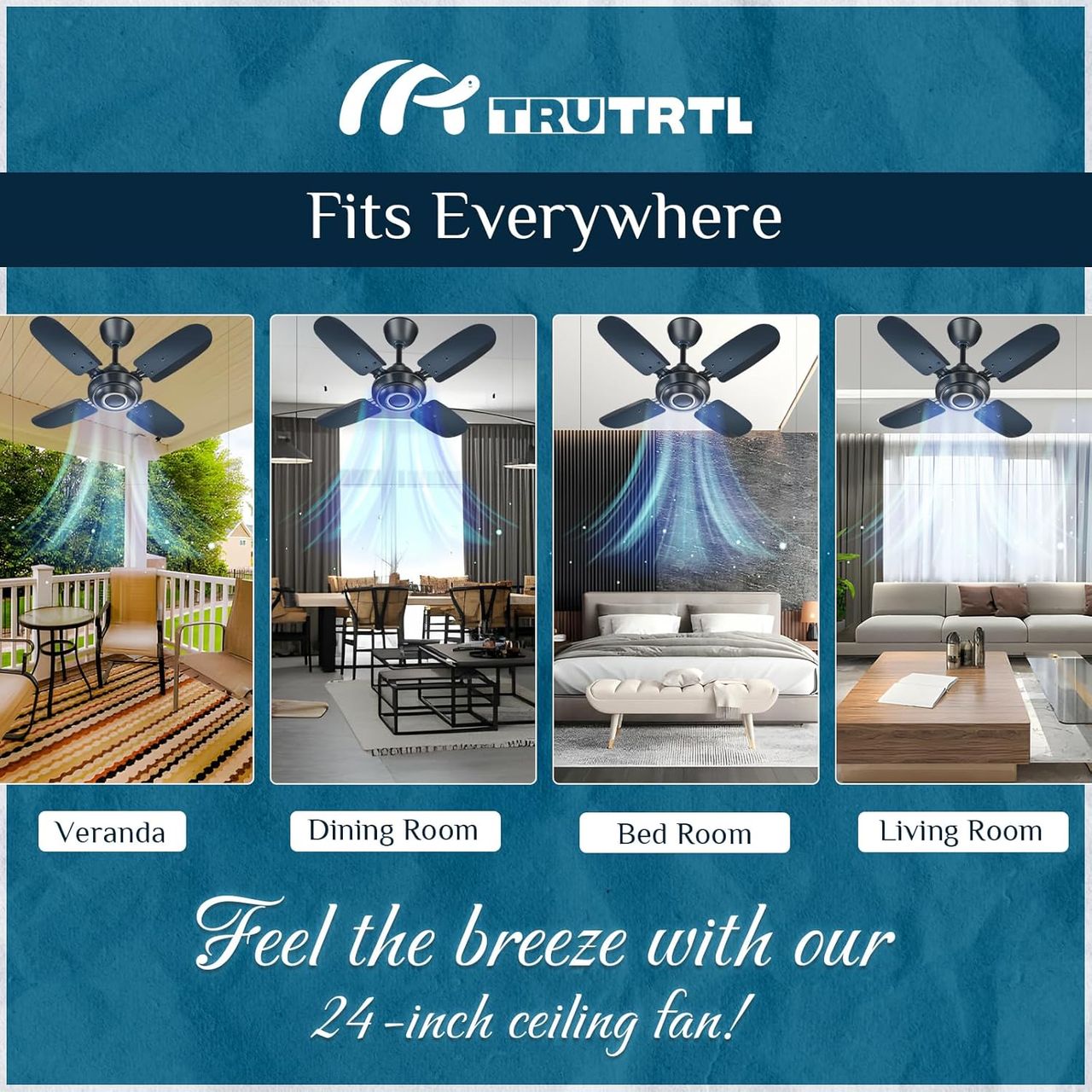 TruTRTL Wave Ceiling Fan, 600mm/24 Inch, High-Speed, Energy Saving,Durable & Stylish, Metallic Blue