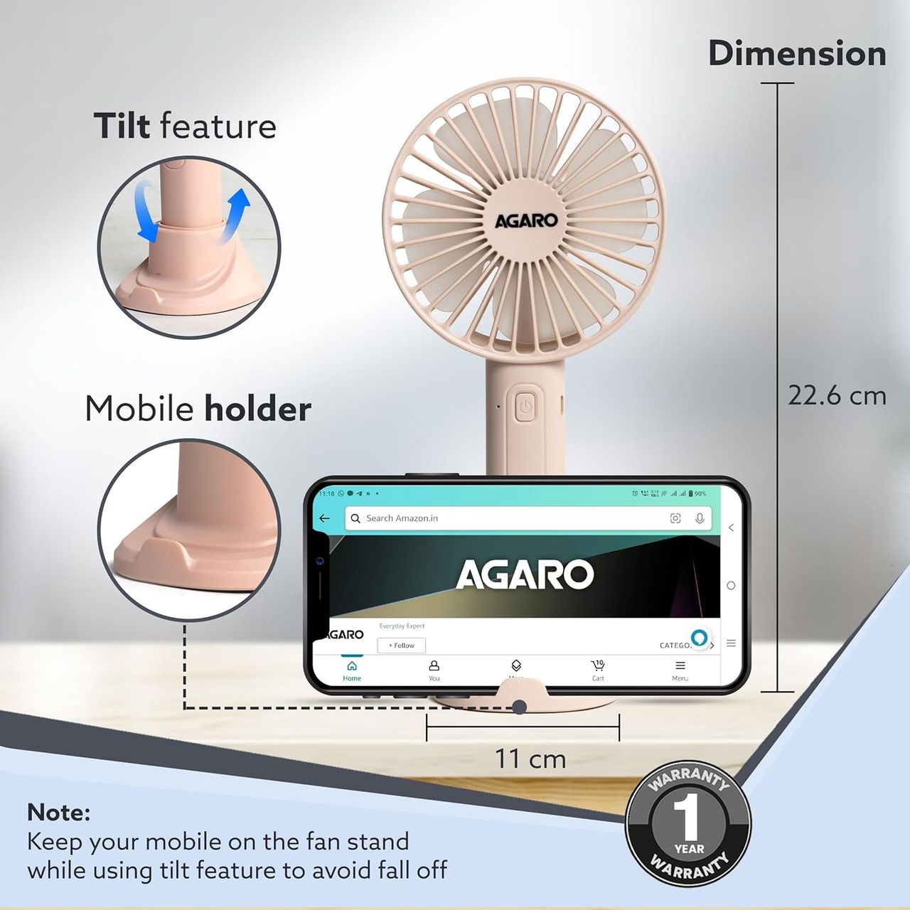 Agaro Elite Mini Portable Fan, 4 Inches, 2000 Mah Battery, 3 Speed Option And Table Dock, Pink