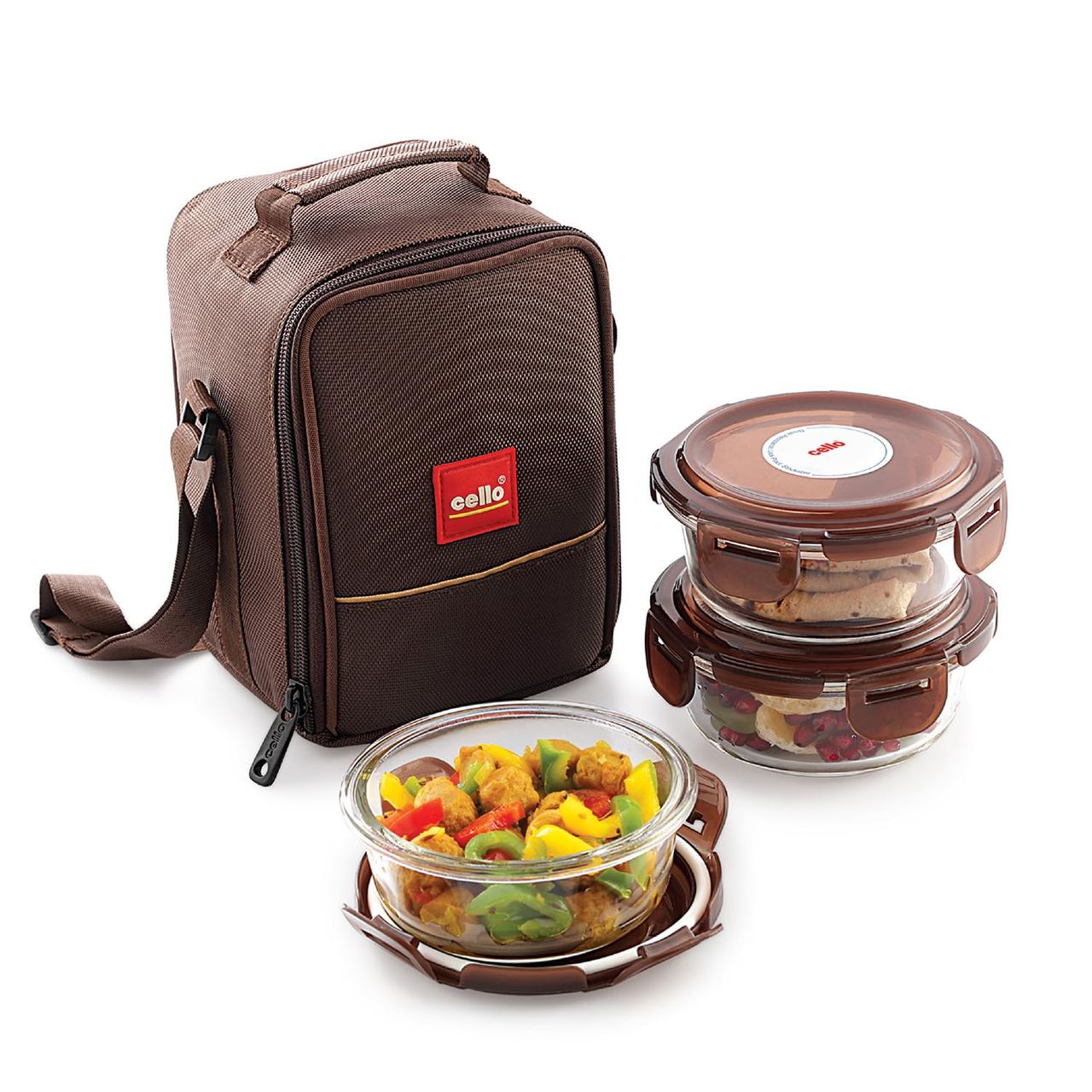 Cello Mf Glassy Seal O Fresh Glass Lunch Box Set Of 3 Round Containers, 400Ml Each With Jacket
