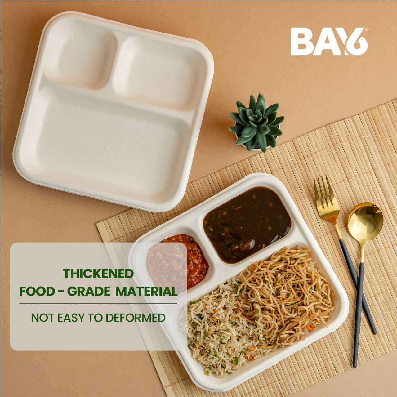 BAY6 Square Plate 3 Compartment - 9 Inch - Pack Of 10