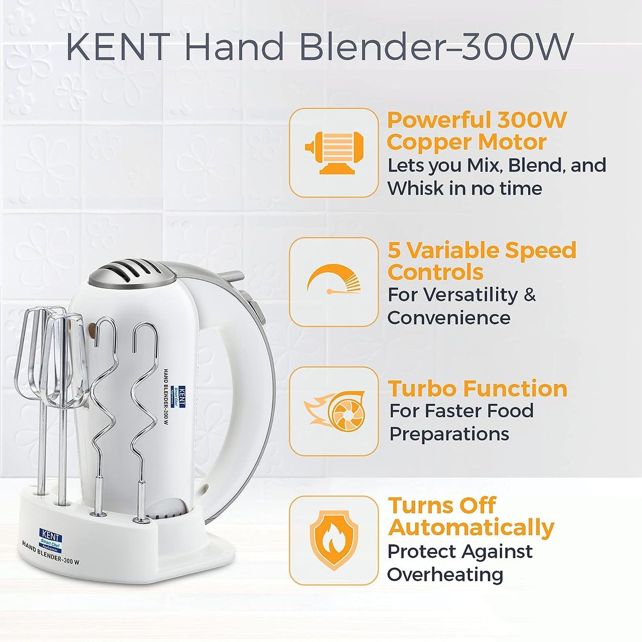 Kent 16051 Hand Blender 300W | 5 Variable Speed Control | Turbo Function, Plastic,