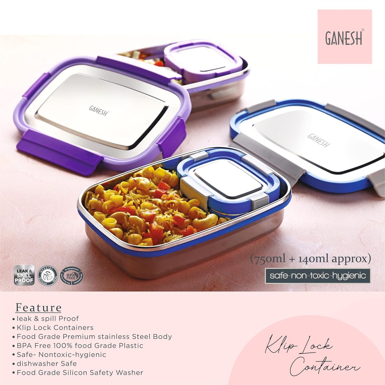 Ganesh Shine Stainless Steel Airtight Leak-Proof Lunch Box Color May Vary - 750 ml (Colour May Vary)