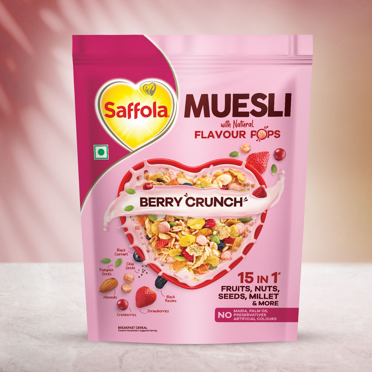 Saffola Muesli Berry Crunch With Flavour Pops, Fruits, Nuts, Seeds, Millets (15 In 1)