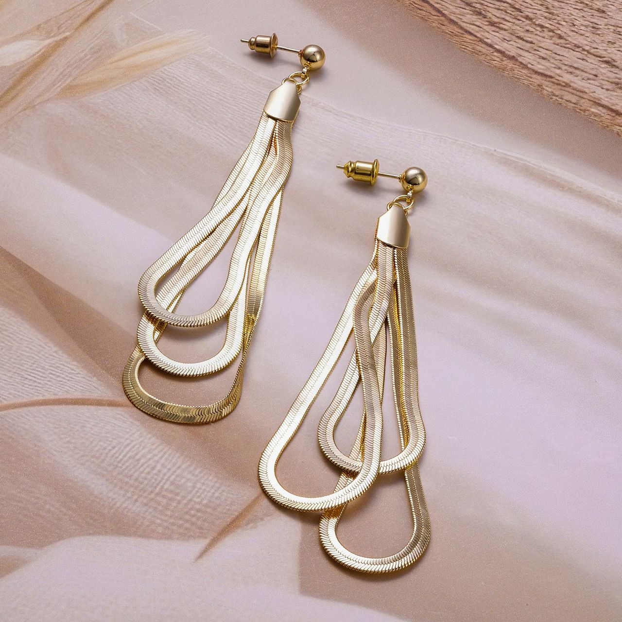 Rubans 18K Gold Plated Multi-Layered Long Dangle Earrings with Teardrop Design