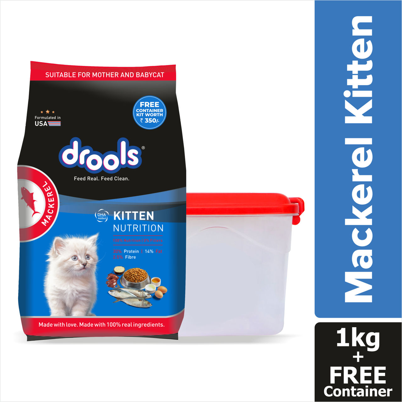 Drools Kitten (1-12 Months) Dry Cat Food, Mackerl, With Free Container