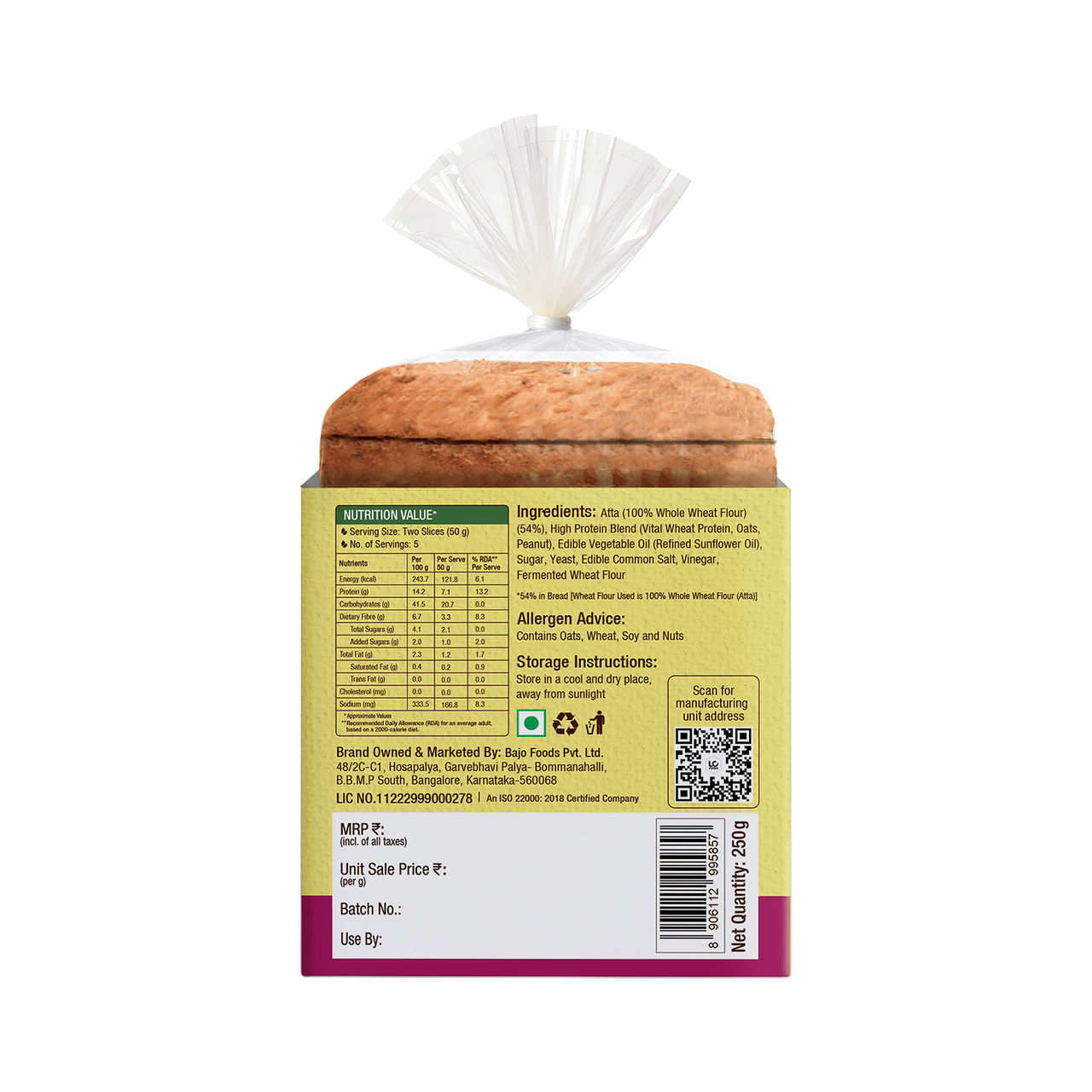 Protein Chef High Fibre 100% Whole Wheat Bread (Zero Maida) - Atta Bread Made MP Sharbati Wheat