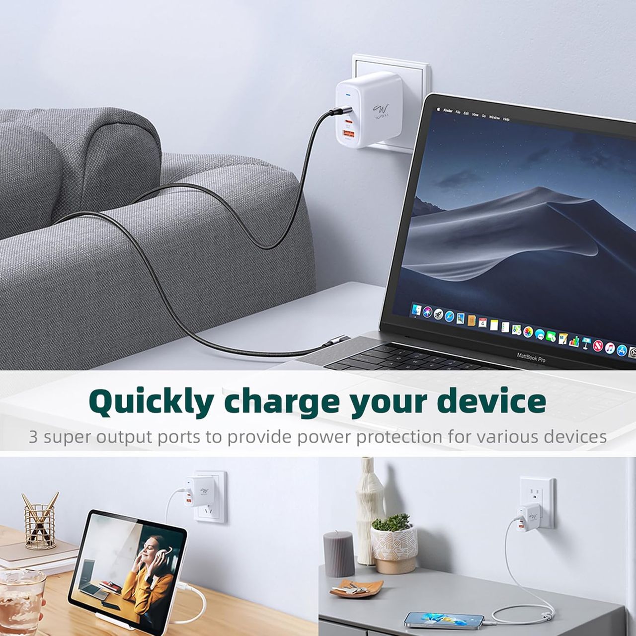 Wayona 65W Gan 3 Port Usb C Charger Supports Samsung Pps Pd 3.0 Qc 3.0/4.0 C (Charger+Cable)White