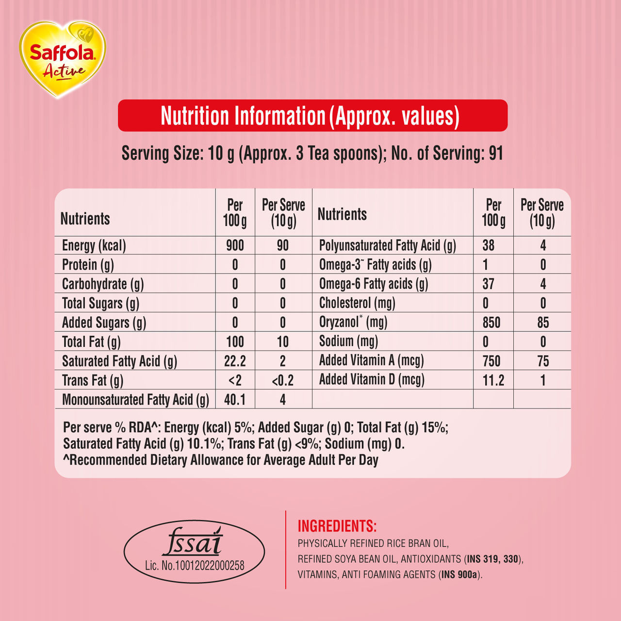 Saffola Active Rice Bran & Soyabean Oil | Rich in Omega 3 & Oryzanol