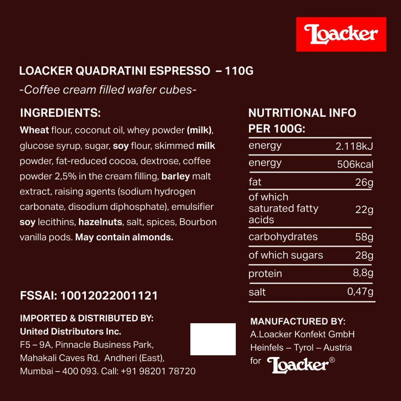 Loacker Quadratini Espresso Wafer Cookies | Maida-free and Trans Fat-free