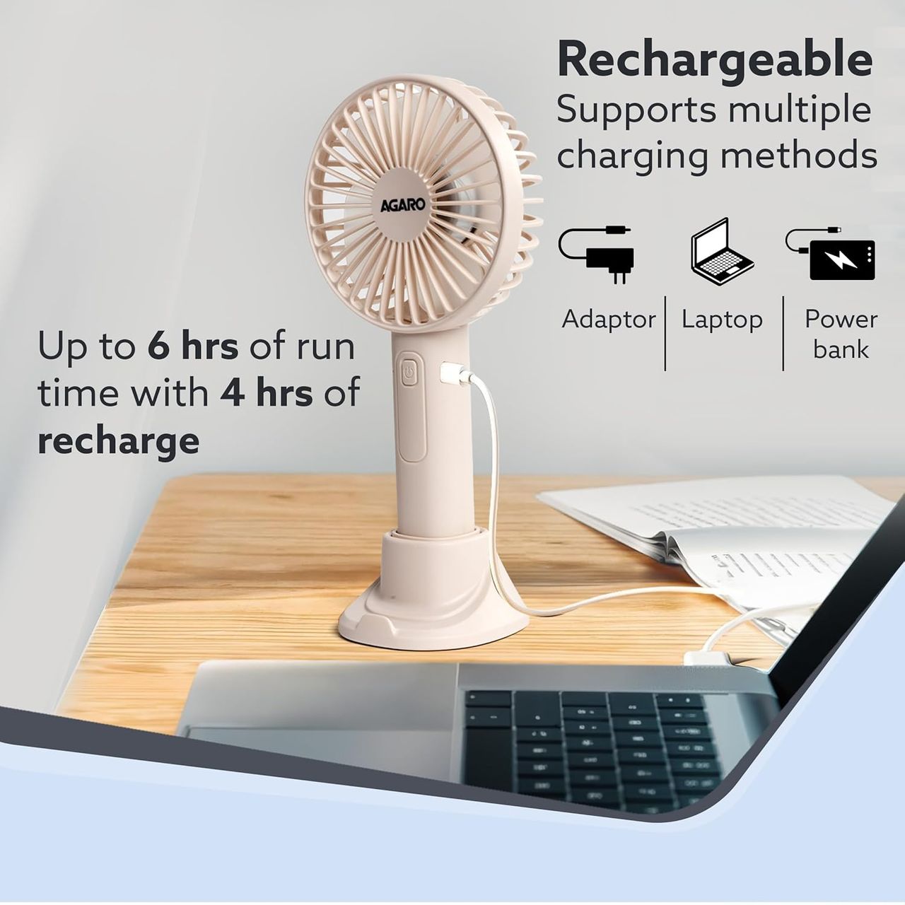 Agaro Elite Mini Portable Fan, 4 Inches, 2000 Mah Battery, 3 Speed Option And Table Dock, Pink