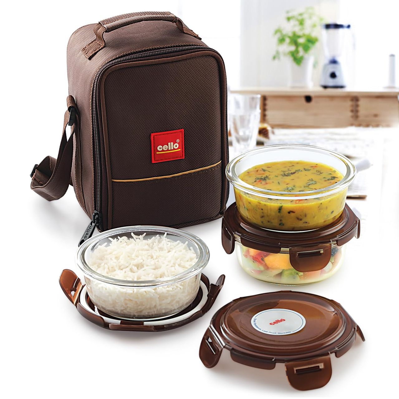 Cello Mf Glassy Seal O Fresh Glass Lunch Box Set Of 3 Round Containers, 400Ml Each With Jacket